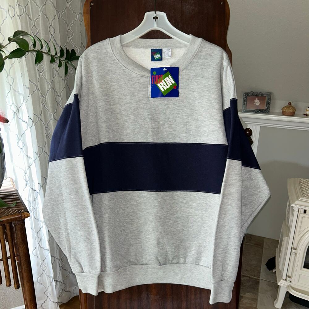 NWT vintage first run crewneck gray blue color block sweatshirt XXL 90’s
